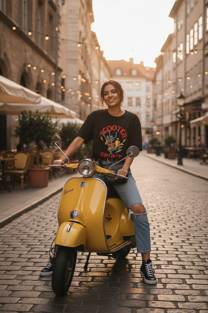 Black t-shirt with a graphic design of a skeleton on a scooter and text 'Scooter Spirit' on a white background.