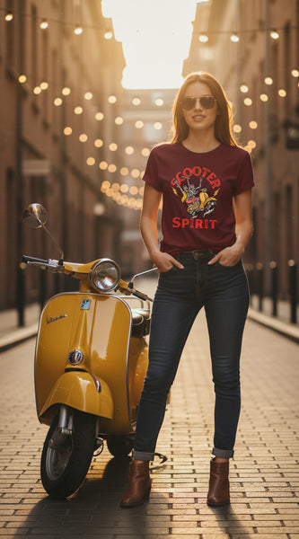 Maroon t-shirt with a graphic design of a skeleton on a scooter and text 'Scooter Spirit' on a white background.