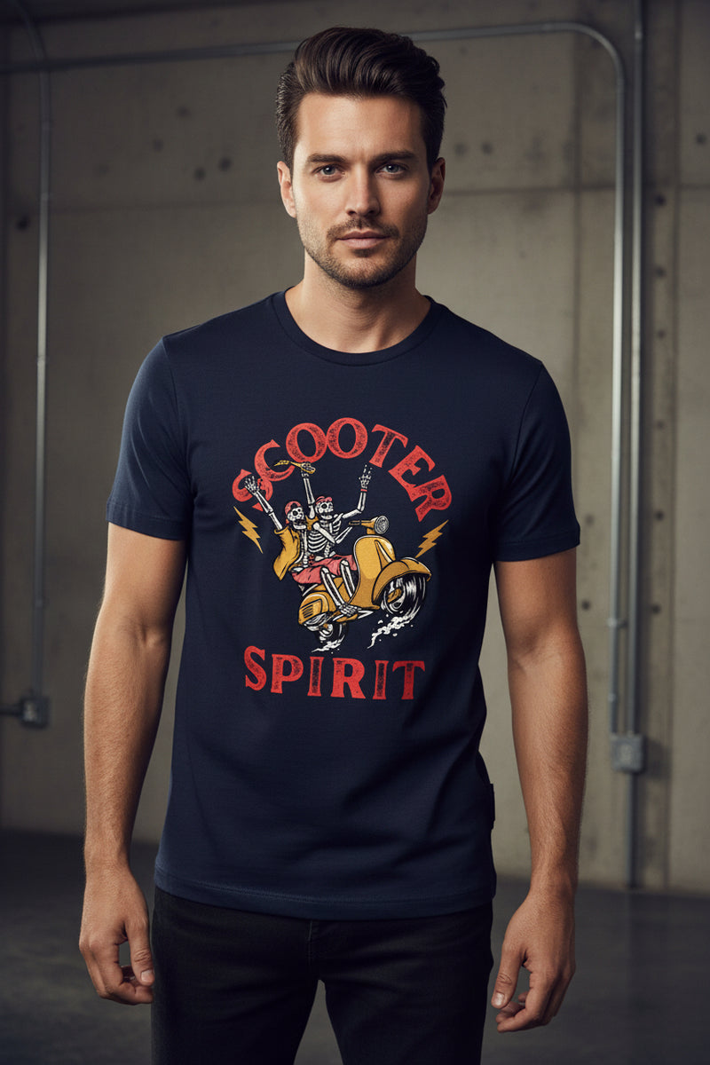 Navy Blue t-shirt with a graphic design of a skeleton on a scooter and 'Scooter Spirit' text.