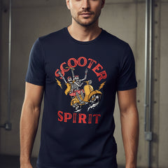 Navy Blue t-shirt with a graphic design of a skeleton on a scooter and 'Scooter Spirit' text.