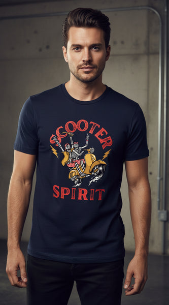 Navy Blue t-shirt with a graphic design of a skeleton on a scooter and 'Scooter Spirit' text.