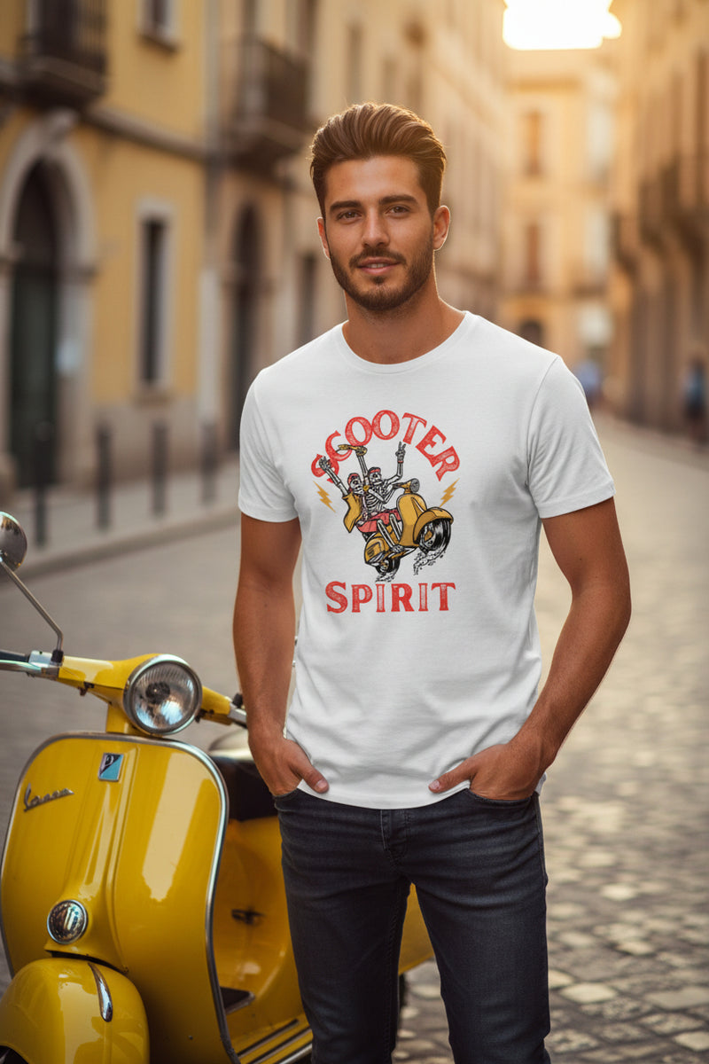 White t-shirt with a graphic design of a skeleton on a scooter and 'Scooter Spirit' text.