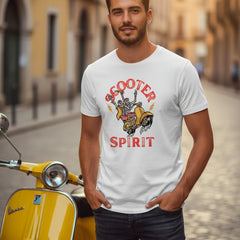 White t-shirt with a graphic design of a skeleton on a scooter and 'Scooter Spirit' text.