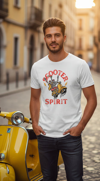 White t-shirt with a graphic design of a skeleton on a scooter and 'Scooter Spirit' text.