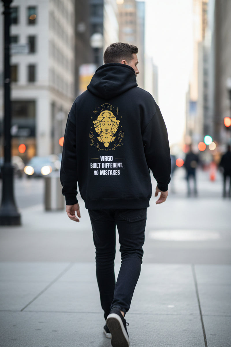 Navy blue hoodie with gold graphic and text on a white background