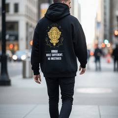 Navy blue hoodie with gold graphic and text on a white background