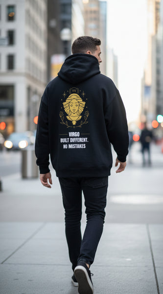 Navy blue hoodie with gold graphic and text on a white background