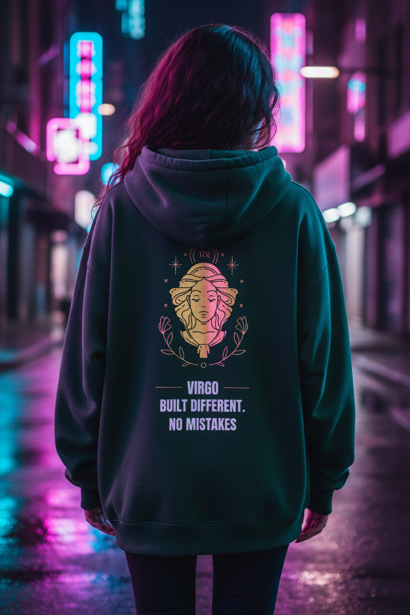 Green hoodie with gold and white graphic and text on a light gray background