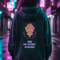 Green hoodie with gold and white graphic and text on a light gray background