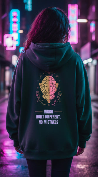 Green hoodie with gold and white graphic and text on a light gray background