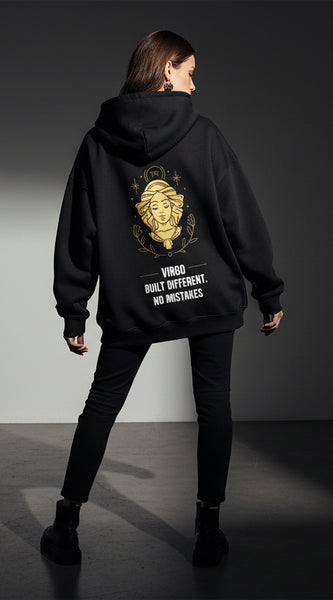 Black hoodie with gold and white graphic and text on a light gray background