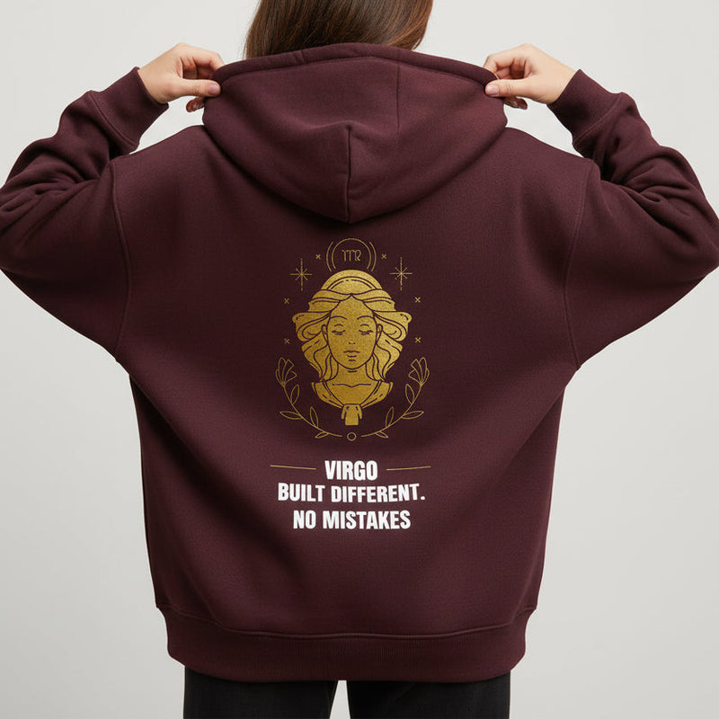 Maroon hoodie with gold graphic and text on a white background