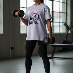 Lavender t-shirt with 'Wake Up Workout' text and graphic on a white background