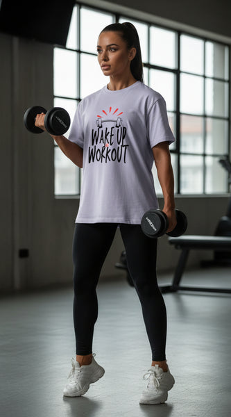 Lavender t-shirt with 'Wake Up Workout' text and graphic on a white background