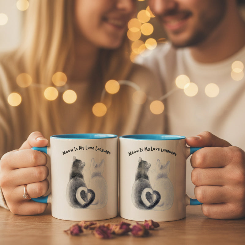Two mugs with blue handles on a pink background, one featuring a cat illustration and text.