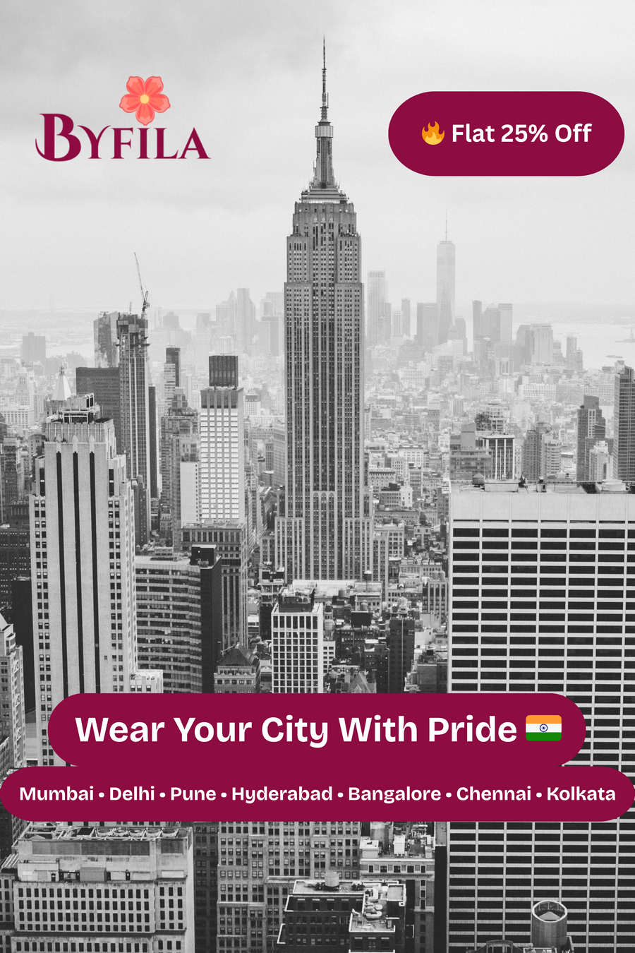 Cityscape with skyscrapers and Byfila advertisement for flat 25% off and city pride message.