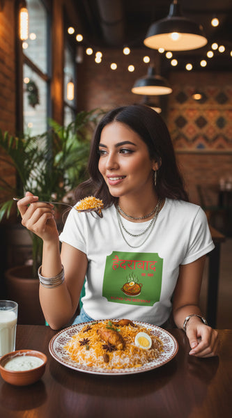 White t-shirt with a green label featuring text and an image of food on a white background