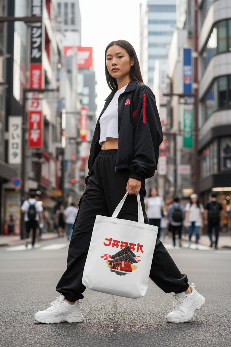 Tote bag with 'Japan' and a temple design held by a person against a gray background