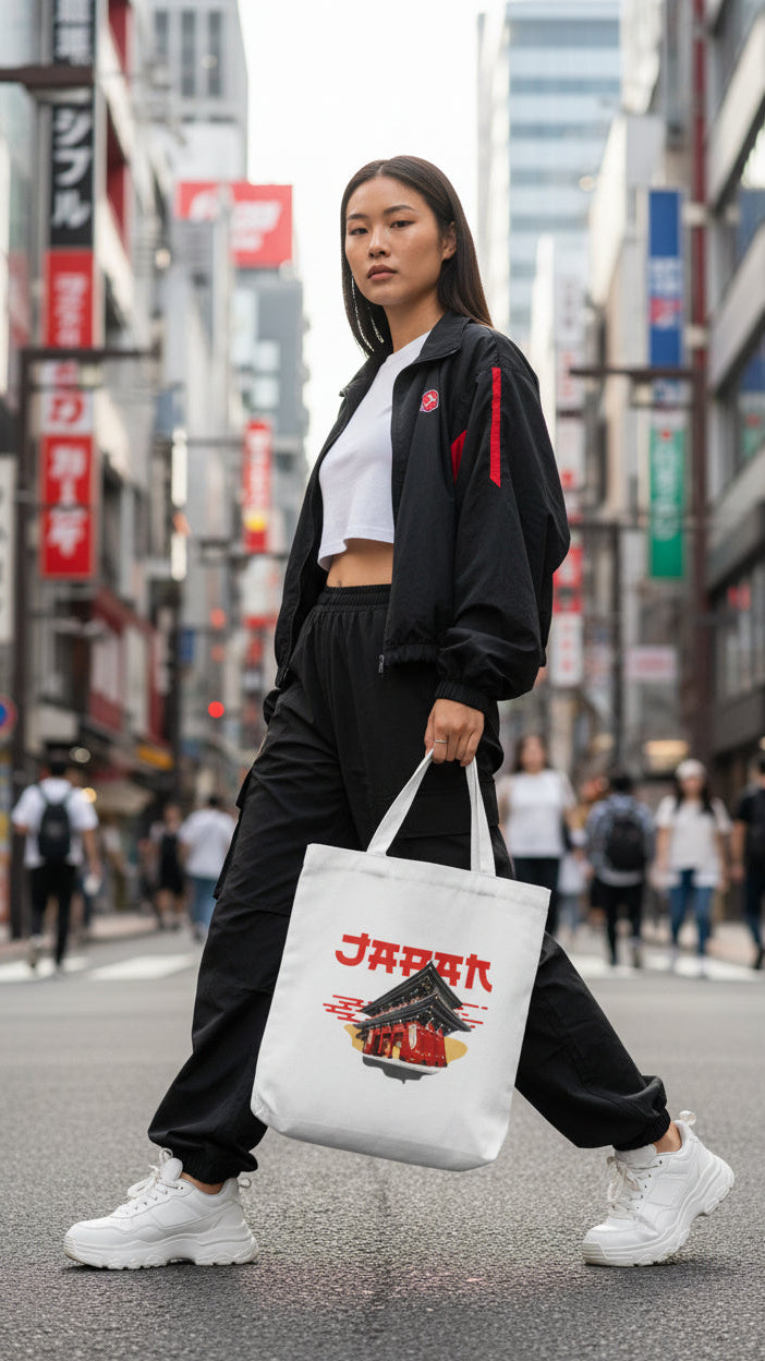 Tote bag with 'Japan' and a temple design held by a person against a gray background