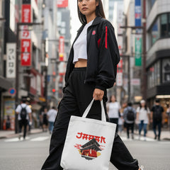 Tote bag with 'Japan' and a temple design held by a person against a gray background