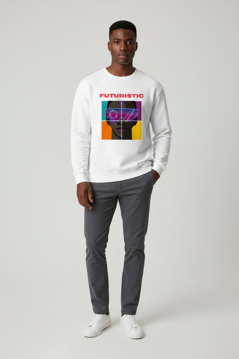 White sweatshirt with a graphic design featuring a face in a square and the word 'FUTURISTIC' on a white background.