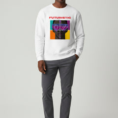 White sweatshirt with a graphic design featuring a face in a square and the word 'FUTURISTIC' on a white background.