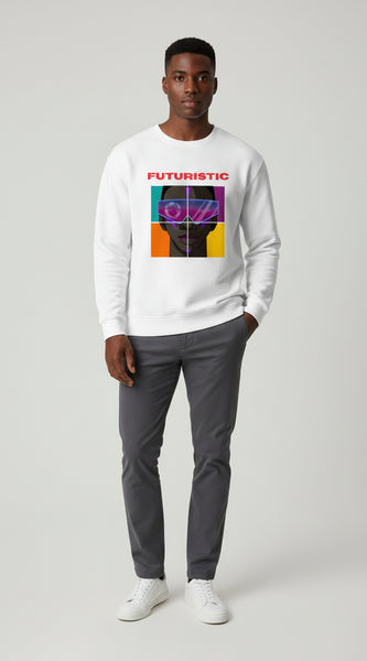 White sweatshirt with a graphic design featuring a face in a square and the word 'FUTURISTIC' on a white background.