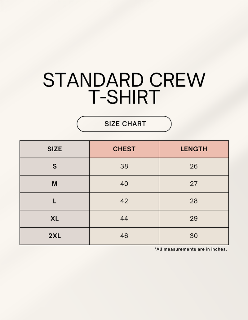 Standard crew t-shirt size chart with chest and length measurements on a white background