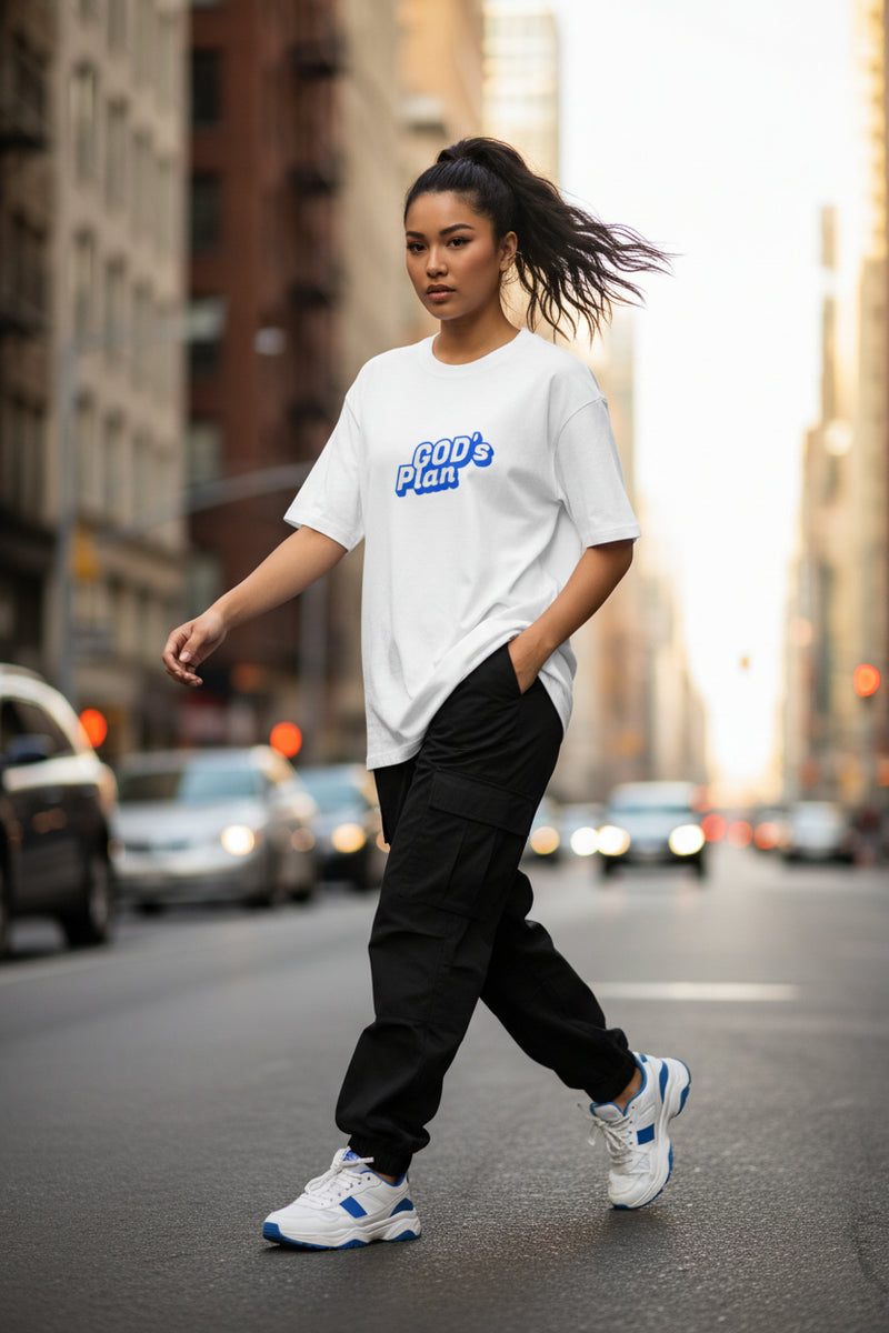 White t-shirt with 'GOD's Plan' text in blue on a light gray background