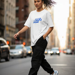 White t-shirt with 'GOD's Plan' text in blue on a light gray background