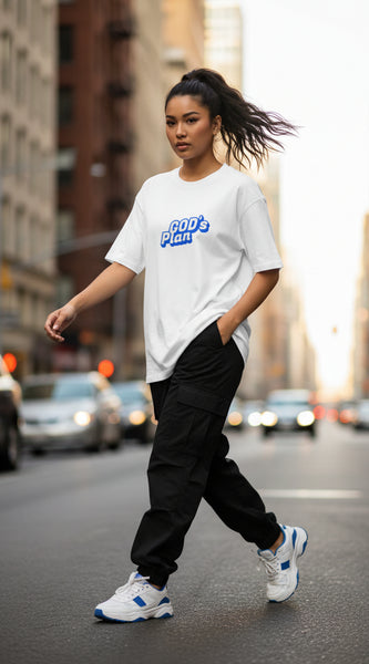 White t-shirt with 'GOD's Plan' text in blue on a light gray background