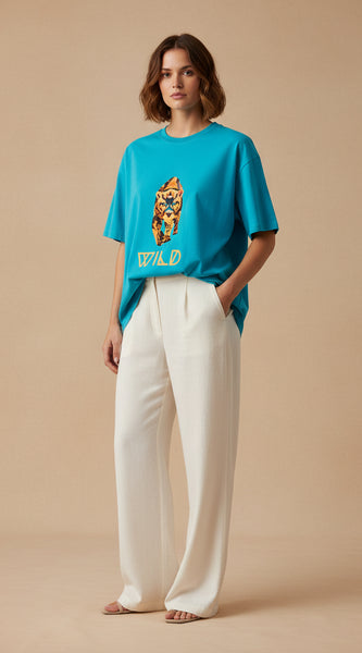 Blue t-shirt with a tiger graphic and 'WILD' text on a white background
