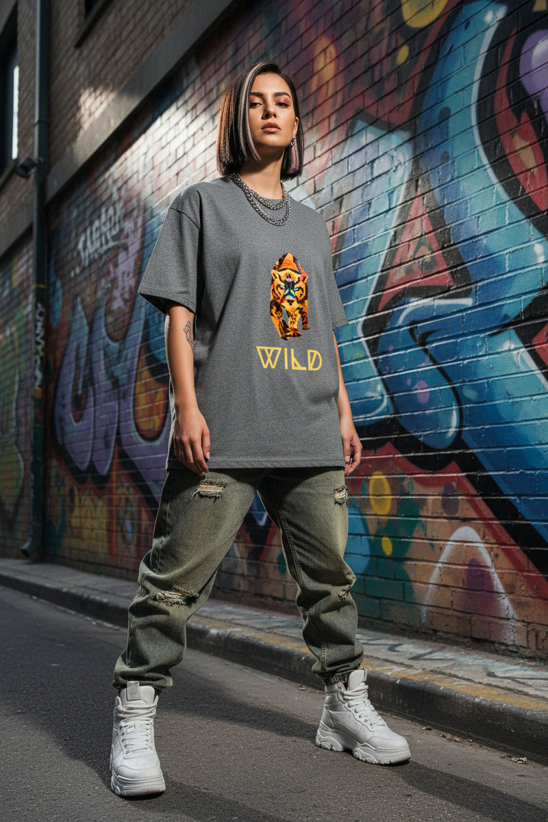Gray t-shirt with a tiger graphic and 'WILD' text on a white background