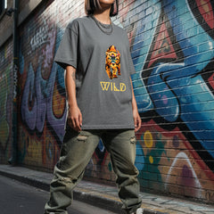 Gray t-shirt with a tiger graphic and 'WILD' text on a white background