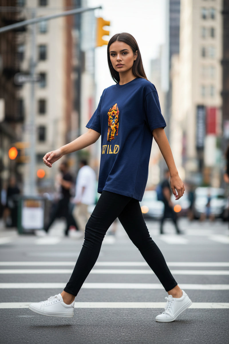 Navy blue t-shirt with a tiger graphic and 'WILD' text on a white background