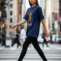 Navy blue t-shirt with a tiger graphic and 'WILD' text on a white background