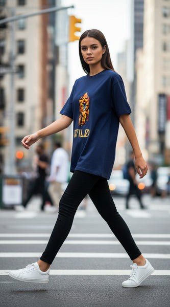 Navy blue t-shirt with a tiger graphic and 'WILD' text on a white background