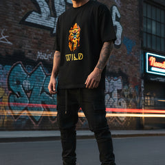 Black t-shirt with a colorful panther graphic and 'WILD' text on a white background