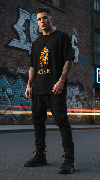 Black t-shirt with a colorful panther graphic and 'WILD' text on a white background
