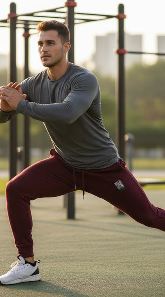 Maroon sweatpants with a small logo on a white background