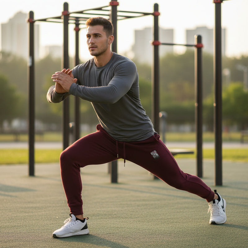 Maroon sweatpants with a small logo on a white background