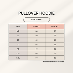 Size chart for pullover hoodie with chest and length measurements.