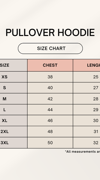 Size chart for pullover hoodie with chest and length measurements.