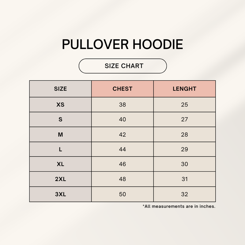 Size chart for pullover hoodie with chest and length measurements.