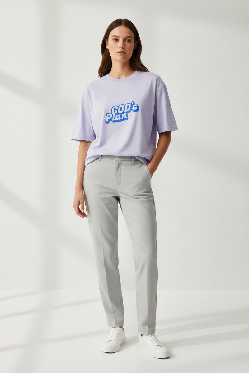 Light purple t-shirt with 'GOD's Plan' text in blue on a white background