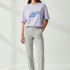 Light purple t-shirt with 'GOD's Plan' text in blue on a white background