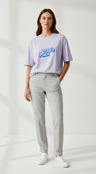 Light purple t-shirt with 'GOD's Plan' text in blue on a white background